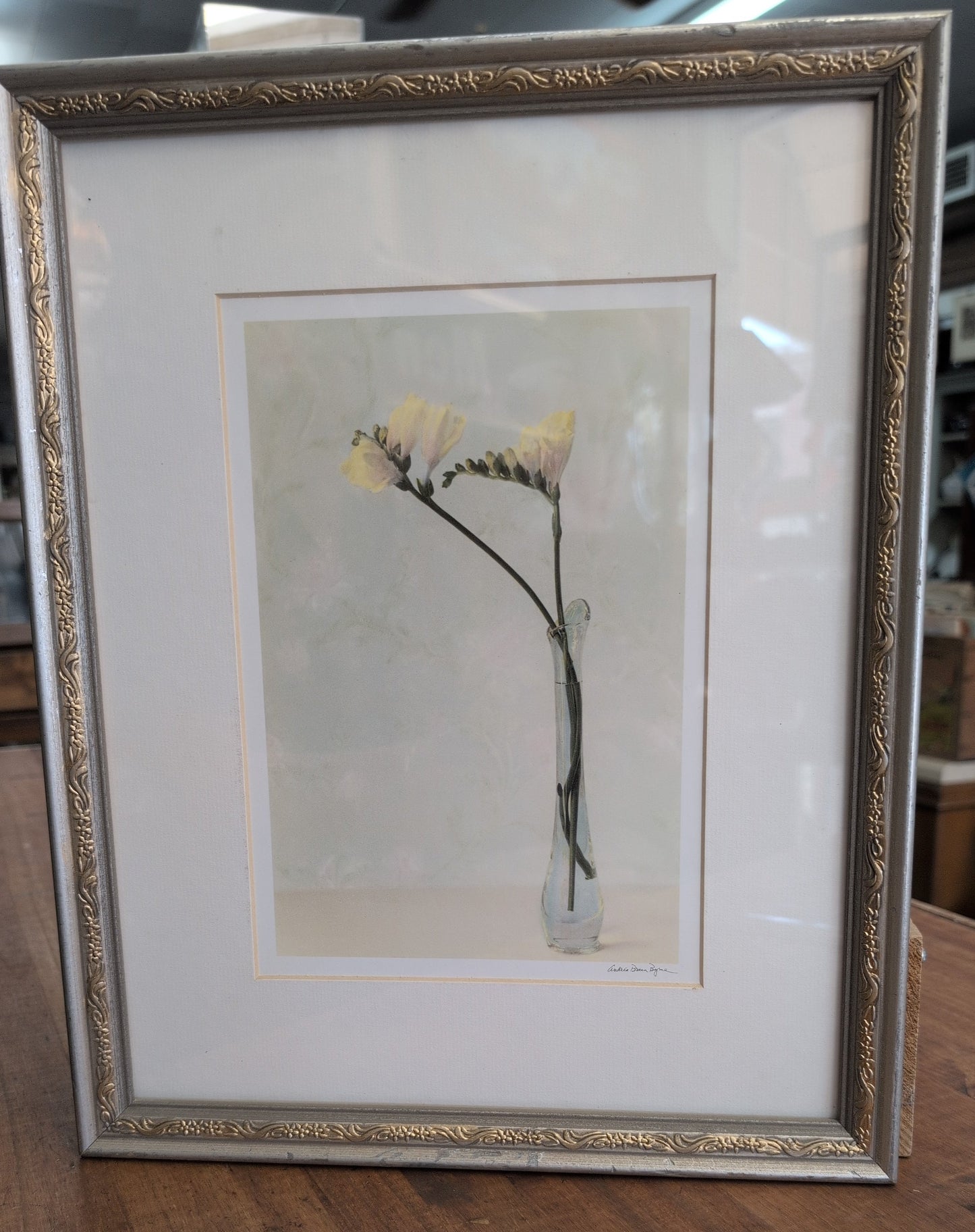 Andrea Braun Byrne Legacy Floral Print Matted Frame Yellow Flower in Vase... As Is