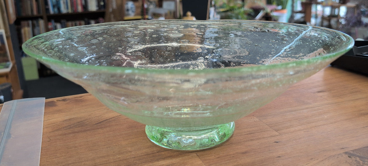 Hand-blown green Blenko glass bowl with trapped air bubbles