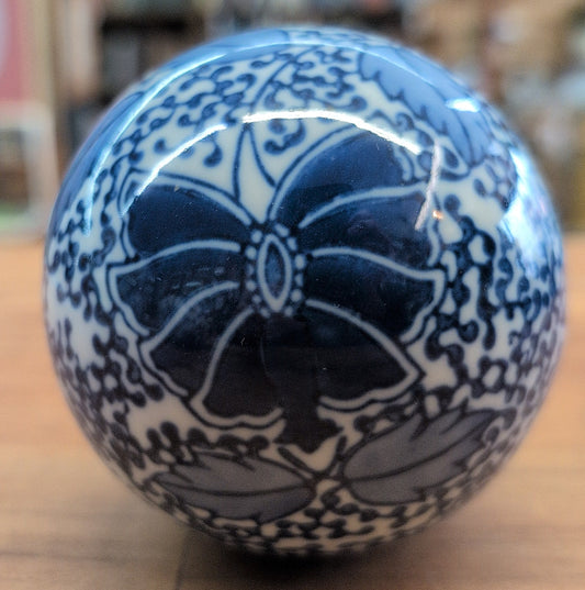 Blue and White Floral Ceramic Sphere. 3.15 Wide