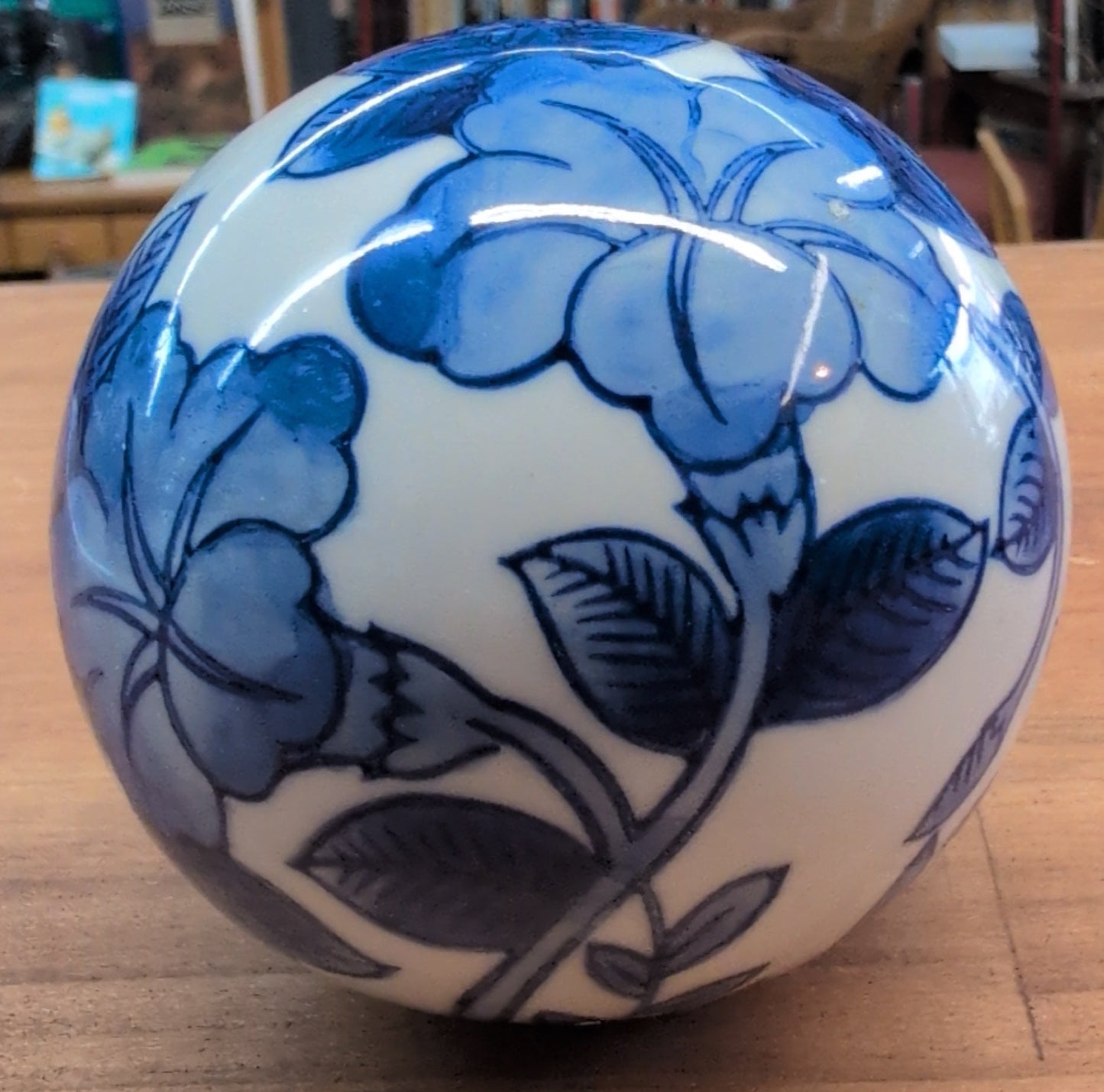 Blue and White Chinoiserie Floral ceramic sphere. 3.25 Wide