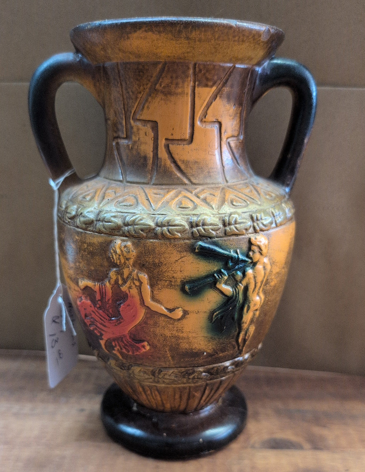 Vintage Norleans Japan Ceramic 5"x7" Vase with classical figures and double handles.