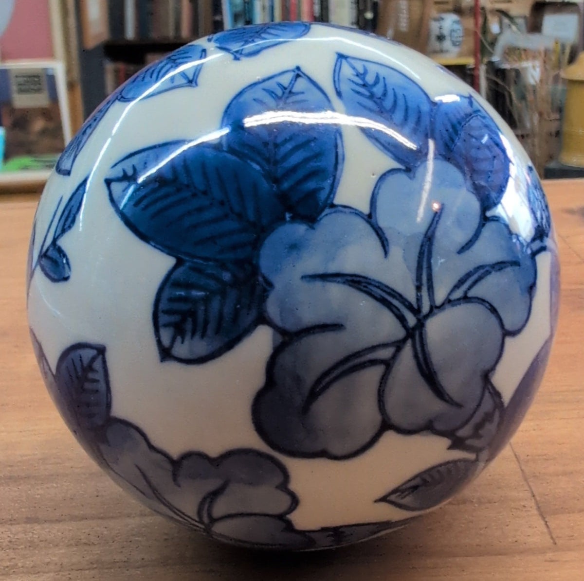 Blue and White Chinoiserie Floral ceramic sphere. 3.25 Wide
