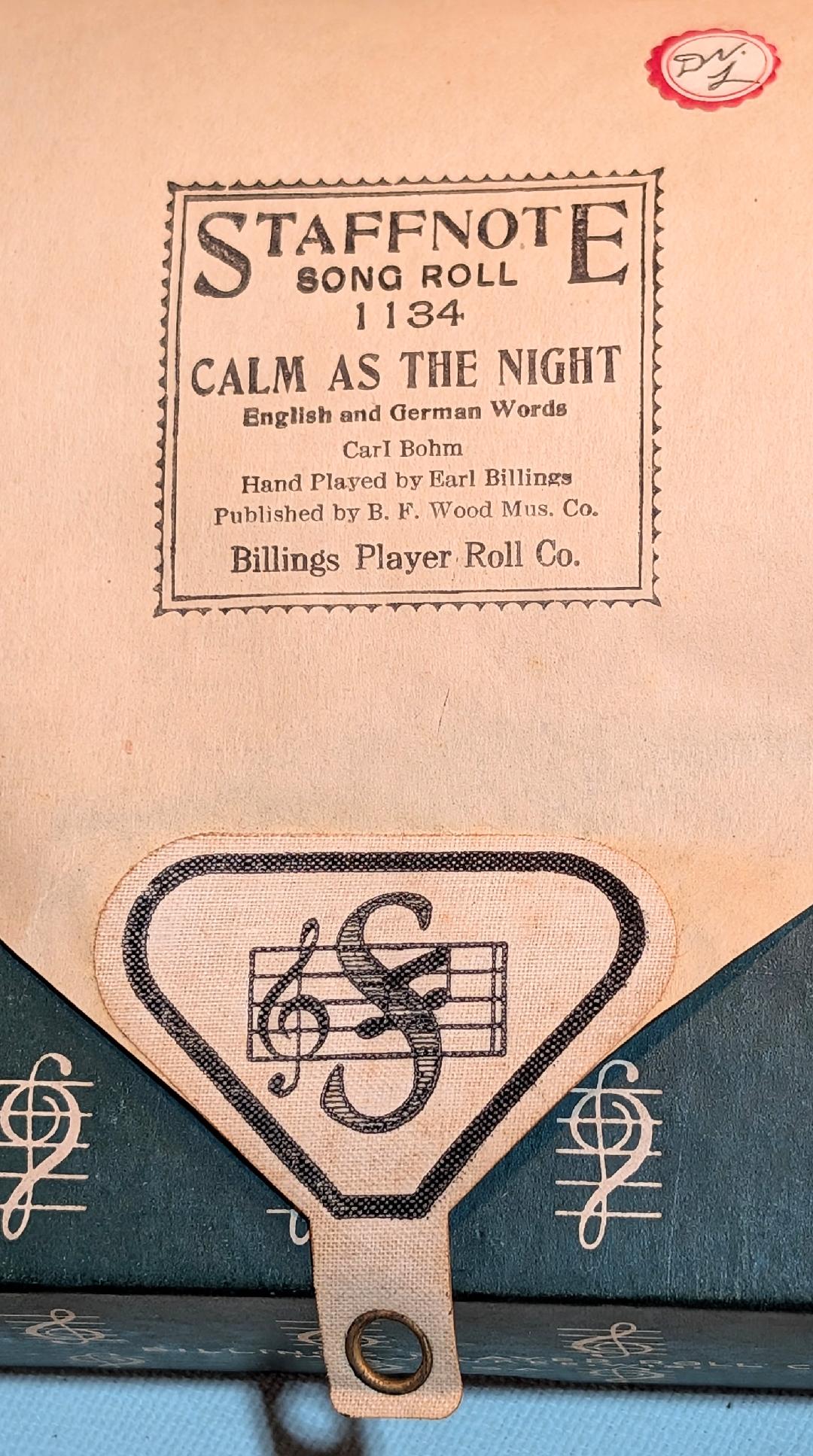 Staffnote Song Roll 1134 Calm As The Night for Player Piano, Hand Played by Earl Billings