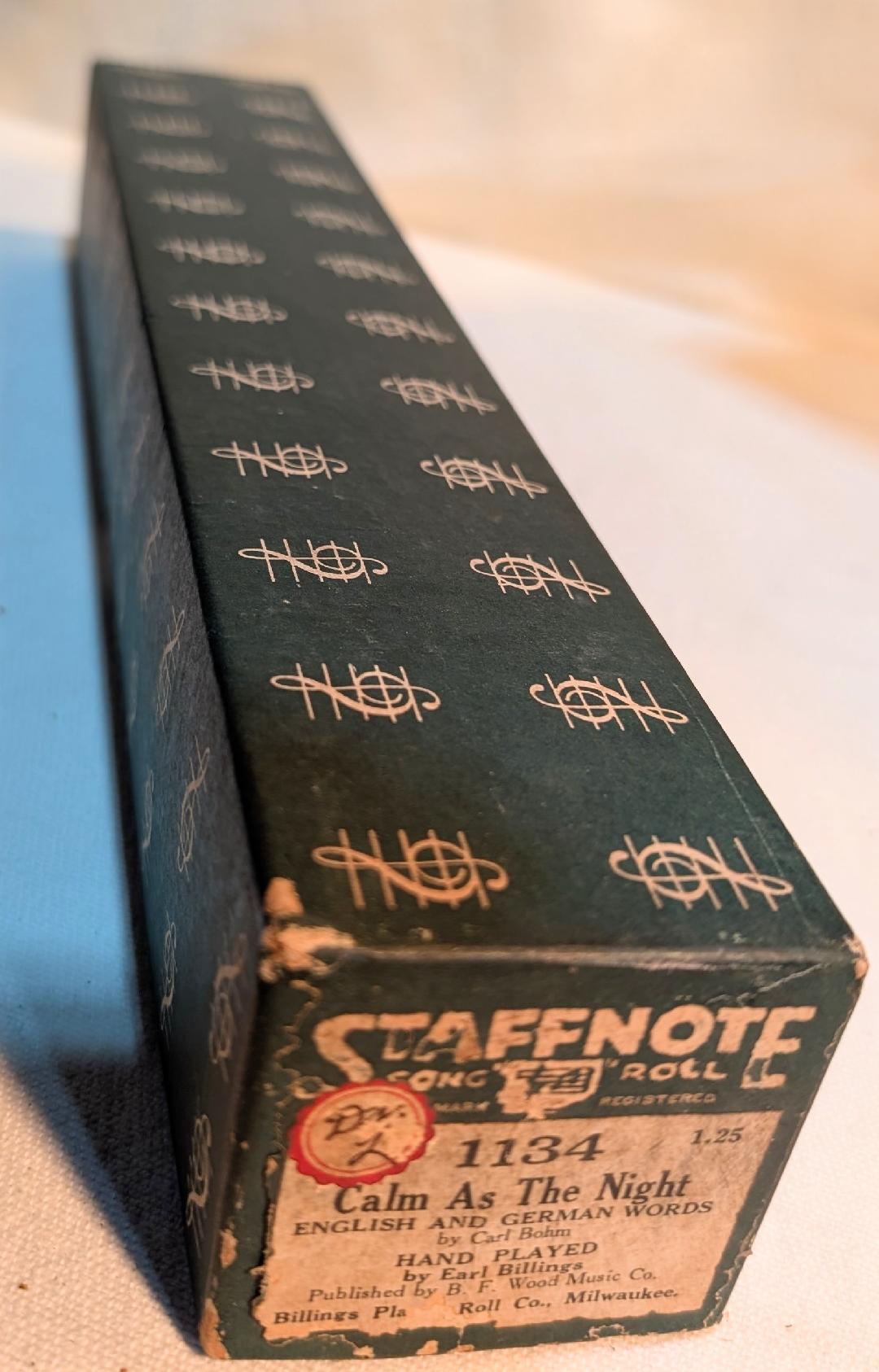 Staffnote Song Roll 1134 Calm As The Night for Player Piano, Hand Played by Earl Billings